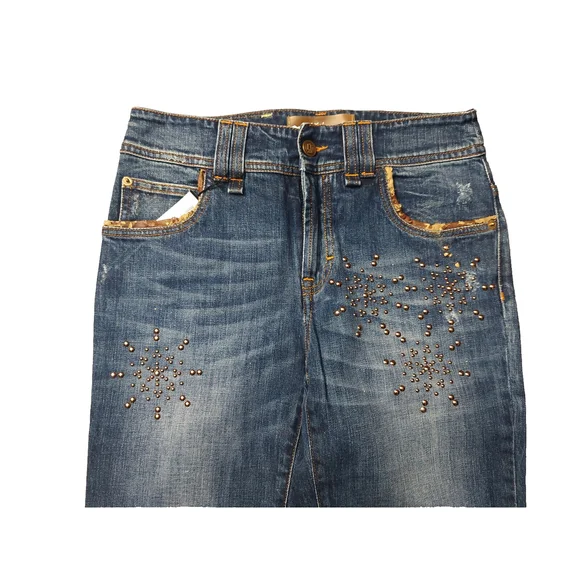 John Galliano Distressed Blue Jeans Embellished Bronze Studded Snow Flakes Sz 26